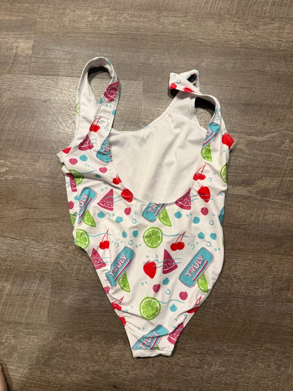 TRULY White One-Piece Swimsuit with Red, Green & Pink Fruit Print. Size large - Picture 2 of 3